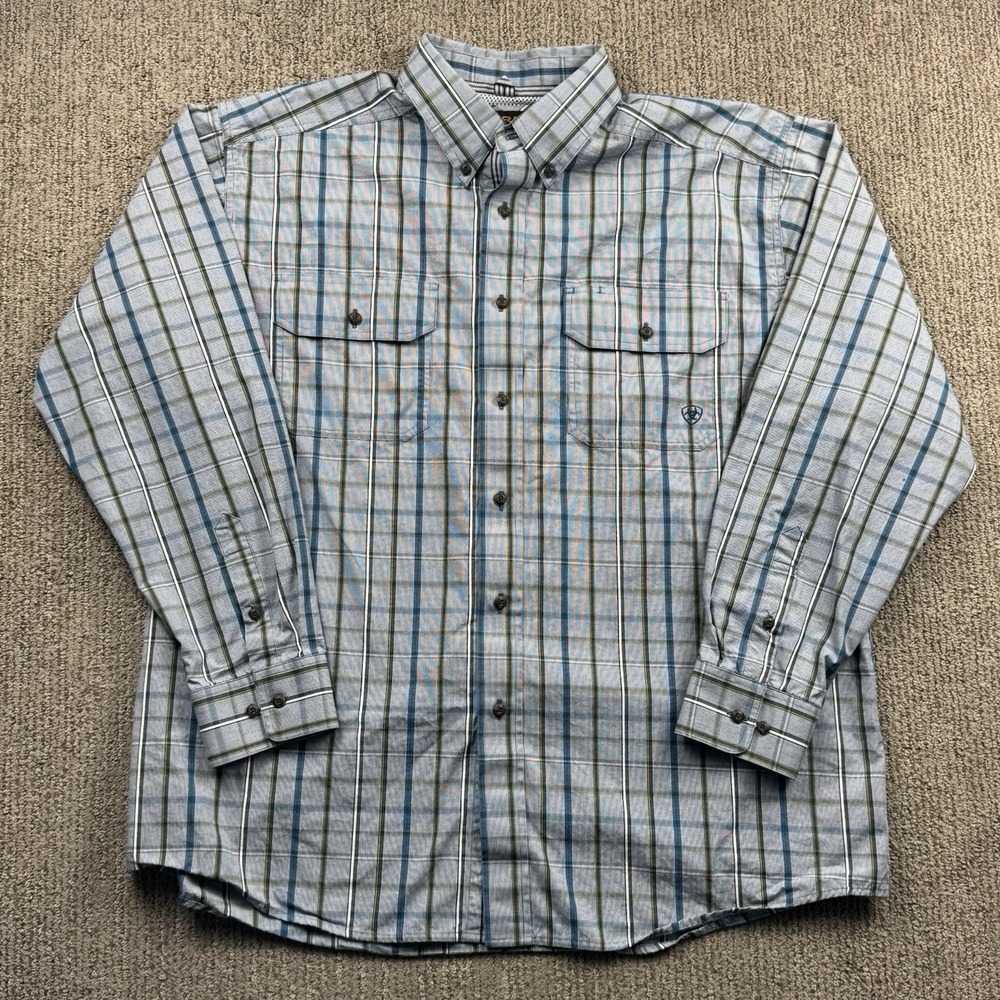 Ariat Mens XL Pro Series Long Sleeve Shirt Button Up Blue Green Plaid